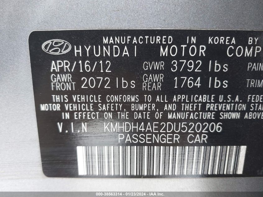 2013 Hyundai Elantra Limited (Ulsan Plant) VIN: KMHDH4AE2DU520206 Lot: 38563314