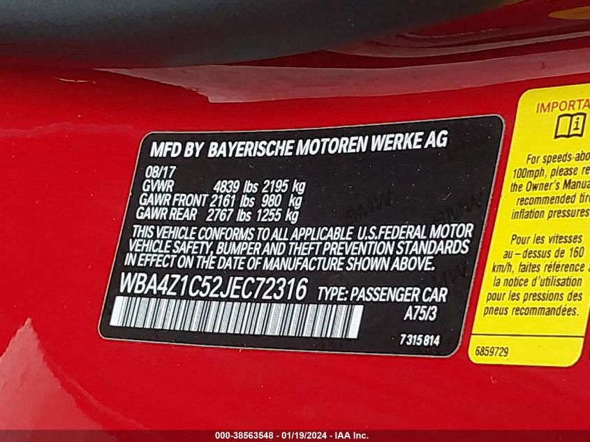 2018 BMW 430I VIN: WBA4Z1C52JEC72316 Lot: 38563548