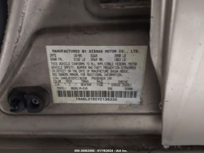 1N4DL01D5YC136330 2000 Nissan Altima Gle/Gxe/Se/Xe