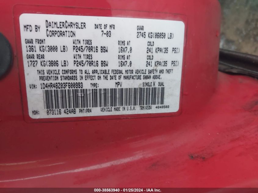 2003 Dodge Durango Slt VIN: 1D4HR48Z03F600993 Lot: 38563940