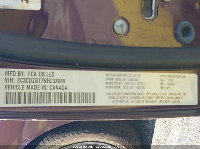 2022 Dodge Challenger R/T VIN: 2C3CDZBT7NH233989 Lot: 38564008