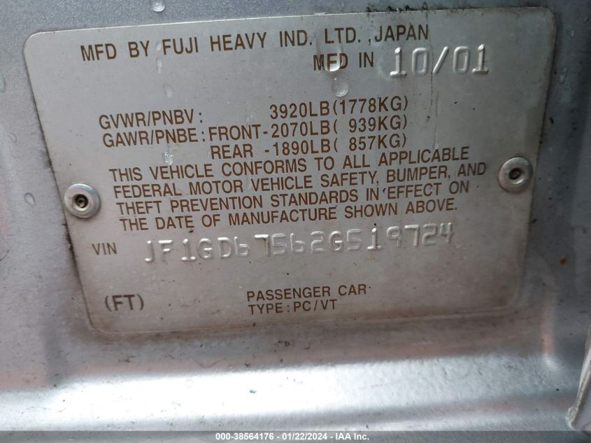 2002 Subaru Impreza Rs VIN: JF1GD67562G519724 Lot: 38564176