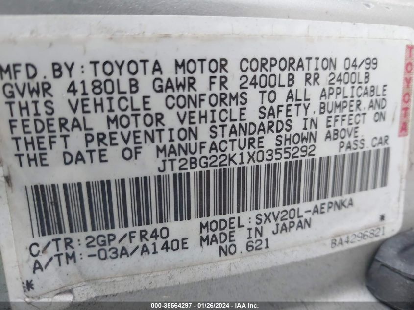 JT2BG22K1X0355292 1999 Toyota Camry Le