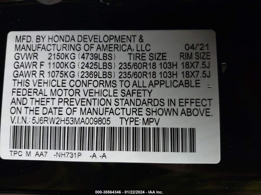 2021 Honda Cr-V Awd Ex VIN: 5J6RW2H53MA009805 Lot: 38564346