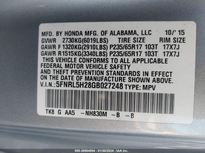 5FNRL5H28GB027248 2016 HONDA ODYSSEY, photo no. 9