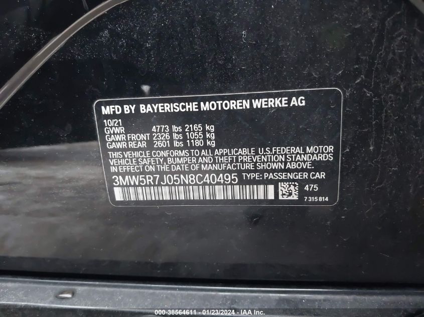 3MW5R7J05N8C40495 2022 BMW 330I xDrive