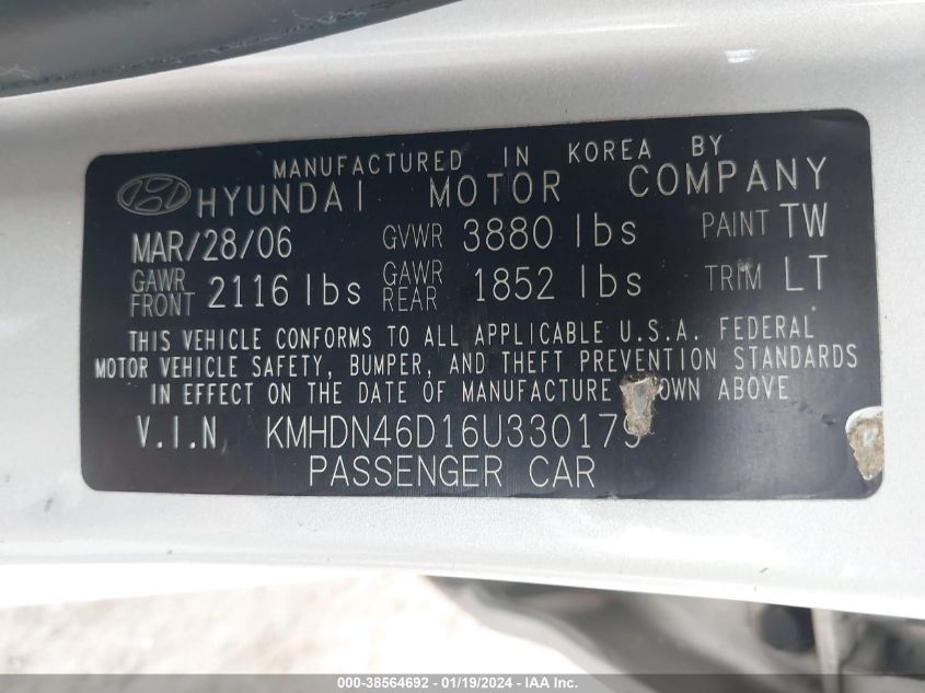 KMHDN46D16U330179 2006 Hyundai Elantra Gls/Limited