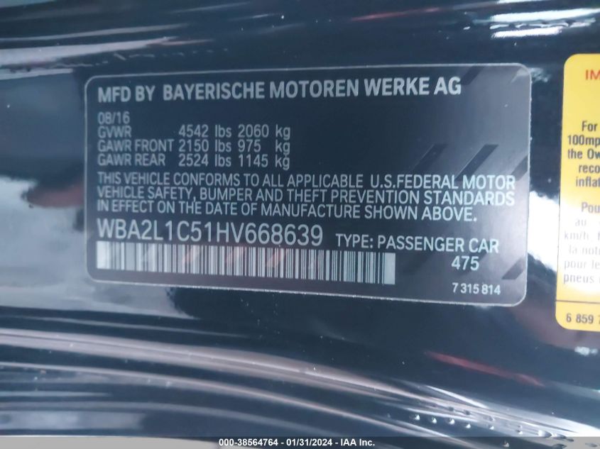 2017 BMW M240I VIN: WBA2L1C51HV668639 Lot: 38564764