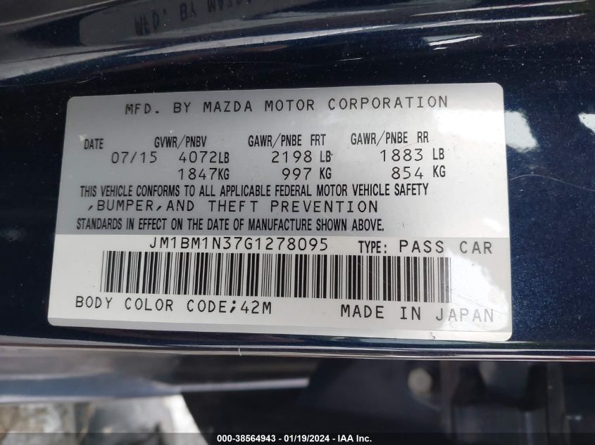 2016 Mazda Mazda3 S Grand Touring VIN: JM1BM1N37G1278095 Lot: 38564943