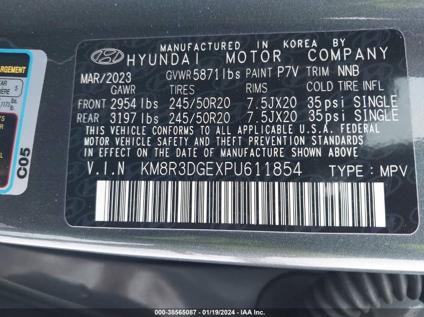 2023 Hyundai Palisade Xrt VIN: KM8R3DGEXPU611854 Lot: 38565087