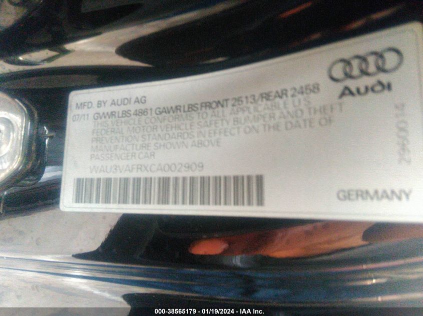 WAU3VAFRXCA002909 2012 Audi S5 4.2 Premium Plus