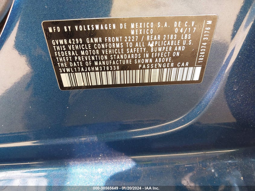 2017 Volkswagen Jetta 1.8T Sel/1.8T Sel Premium VIN: 3VWL17AJ6HM378338 Lot: 38565649