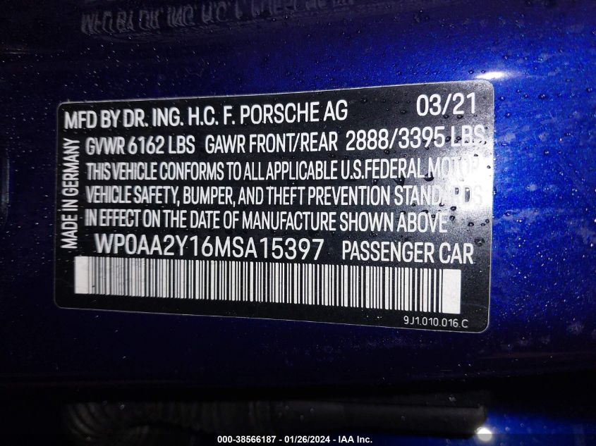 2021 Porsche Taycan VIN: WP0AA2Y16MSA15397 Lot: 38566187