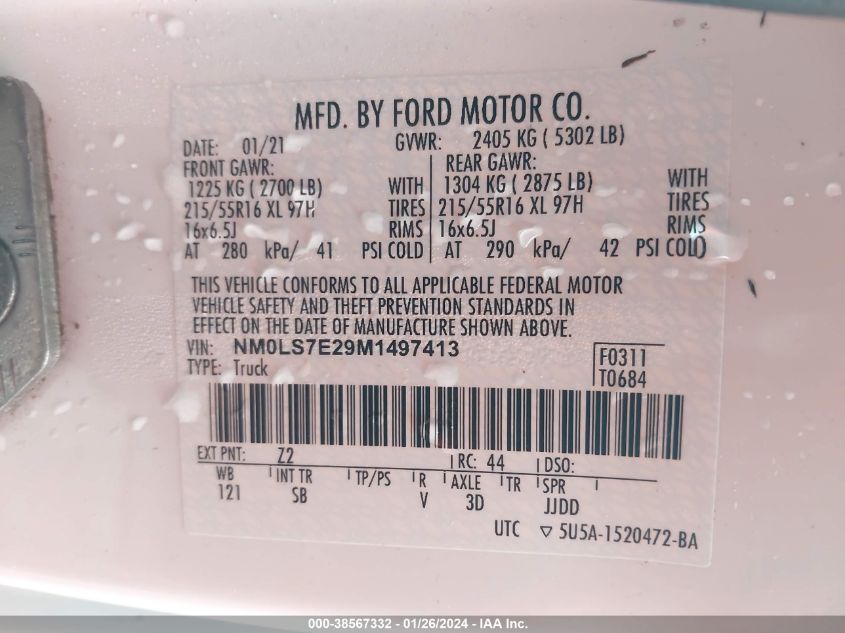 2021 Ford Transit Connect Xl VIN: NM0LS7E29M1497413 Lot: 38567332