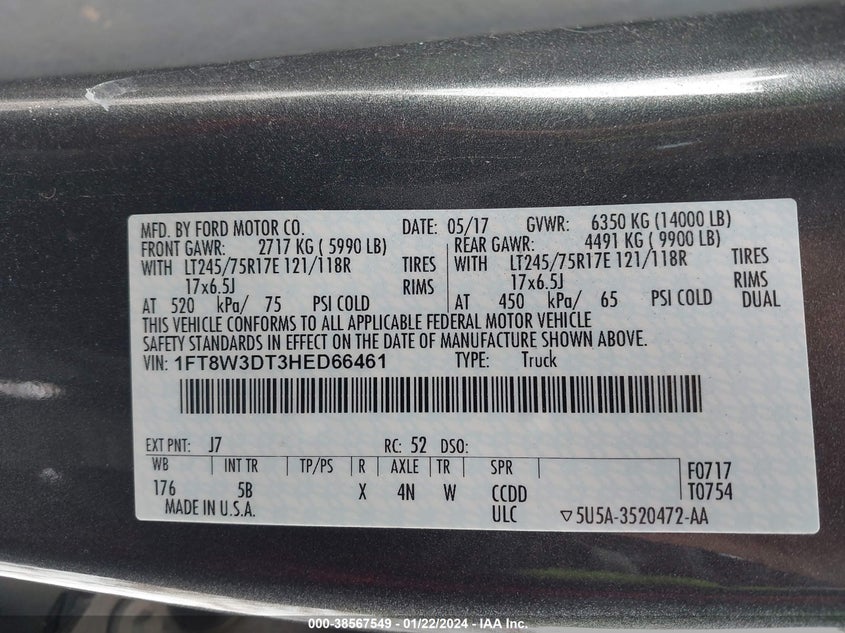 2017 Ford F-350 Lariat VIN: 1FT8W3DT3HED66461 Lot: 38567549