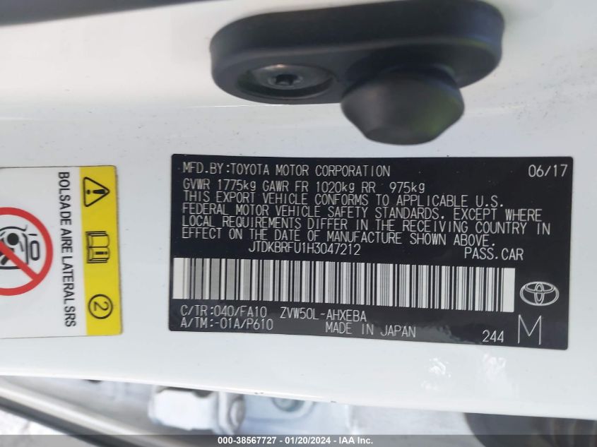 2017 Toyota Prius Four/Four Touring/One/Three/Three Touring/Two/Two Eco VIN: JTDKBRFU1H3047212 Lot: 38567727