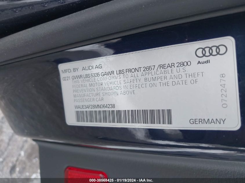 2021 Audi A6 Premium Plus 45 Tfsi Quattro S Tronic VIN: WAUE3AF28MN064238 Lot: 38568425