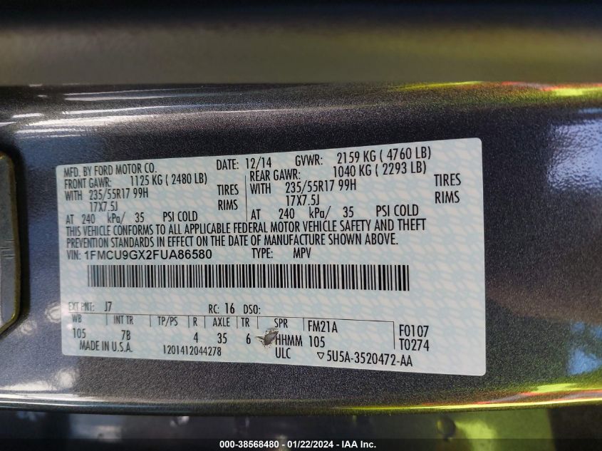 1FMCU9GX2FUA86580 2015 Ford Escape Se