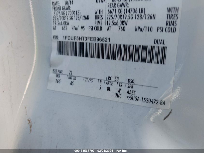 2015 Ford F-550 Chassis Xl VIN: 1FDUF5HT3FEB96521 Lot: 38568703