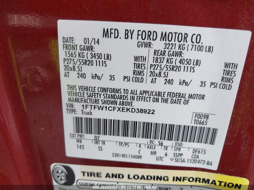 1FTFW1CFXEKD38922 2014 Ford F-150 Stx