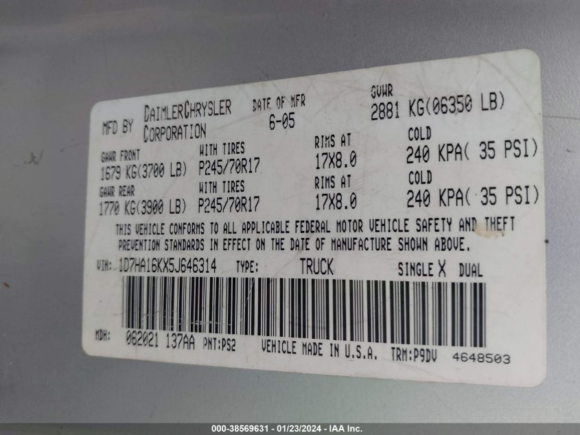 2005 Dodge Ram 1500 St VIN: 1D7HA16KX5J646314 Lot: 38569631