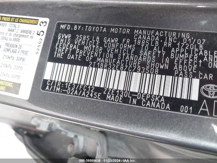 2007 Toyota Corolla S VIN: 2T1BR32E87C793508 Lot: 38569636