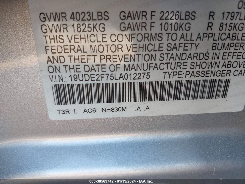 2020 Acura Ilx Premium Package/Technology Package VIN: 19UDE2F75LA012275 Lot: 38569742