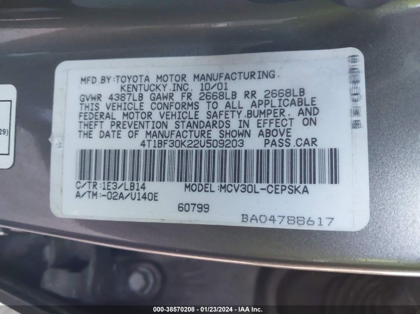 2002 Toyota Camry Se VIN: 4T1BF30K22U509203 Lot: 38570208