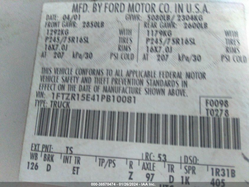 2001 Ford Ranger Edge/Edge Plus/W/392A/W/393A/Xlt/Xlt Off-Rd VIN: 1FTZR15E41PB10081 Lot: 38570474