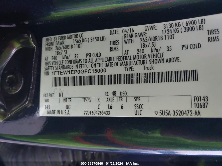 1FTEW1EP0GFC15000 2016 Ford F-150 Xlt