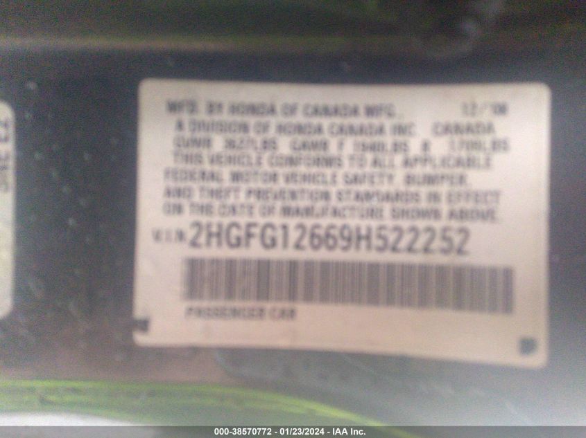 2HGFG12669H522252 2009 Honda Civic Lx