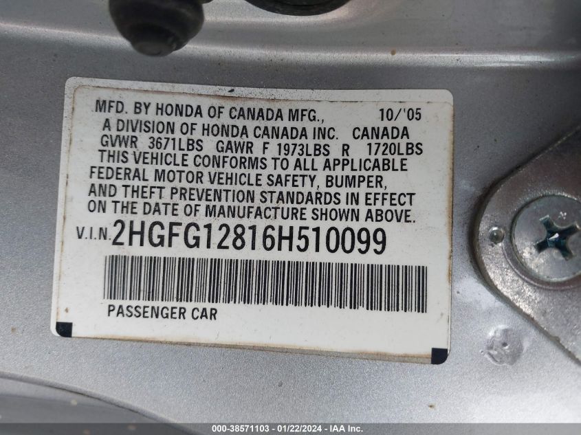 2HGFG12816H510099 2006 Honda Civic Ex