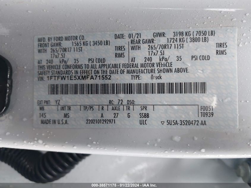 2021 Ford F-150 Xlt VIN: 1FTFW1E5XMFA71552 Lot: 38571175