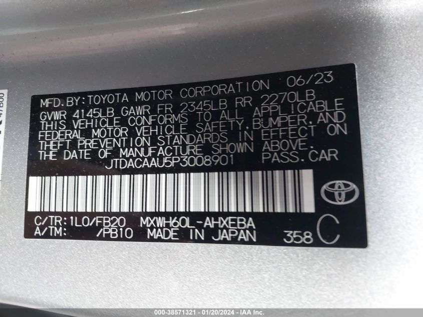 2023 Toyota Prius Le VIN: JTDACAAU5P3008901 Lot: 38571321