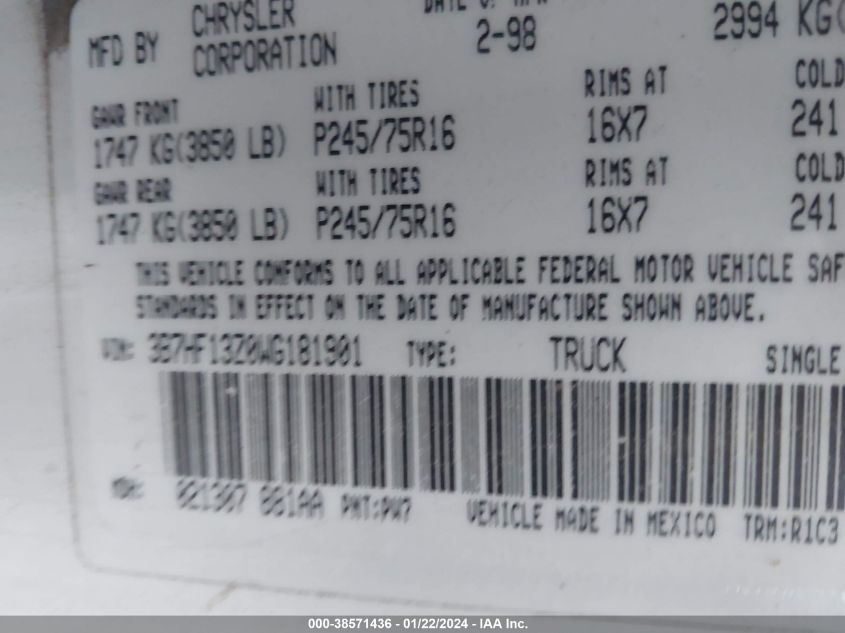 1998 Dodge Ram 1500 St VIN: 3B7HF13Z0WG181901 Lot: 38571436