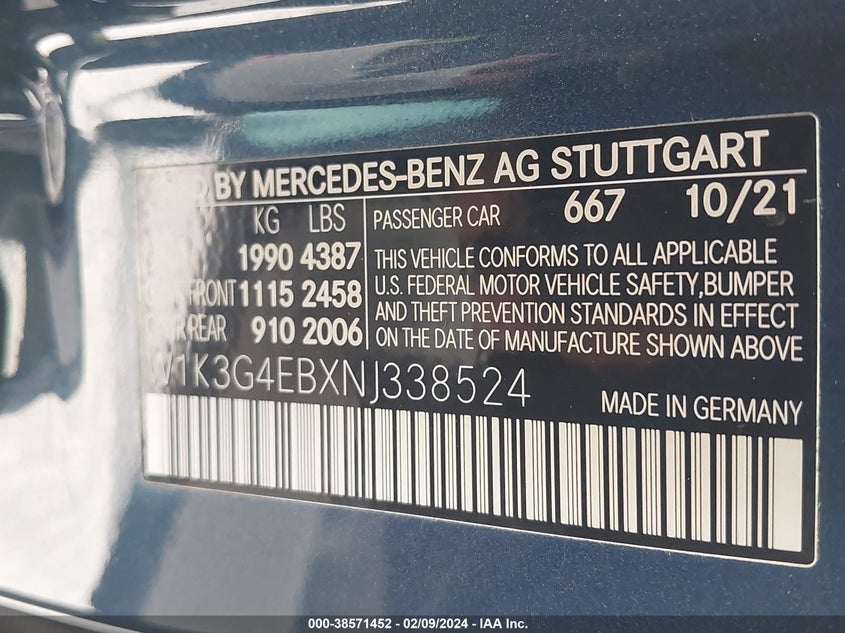 2022 MERCEDES-BENZ A 220 VIN: W1K3G4EBXNJ338524