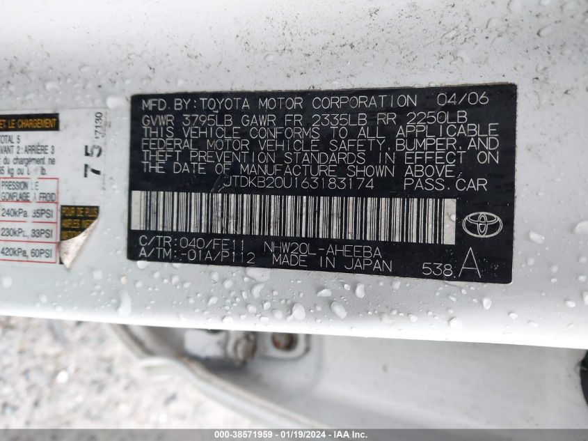 2006 Toyota Prius VIN: JTDKB20U163183174 Lot: 38571959