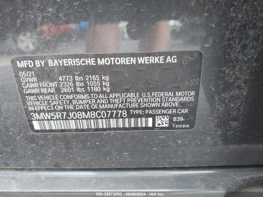 3MW5R7J08M8C07778 2021 BMW 330I xDrive