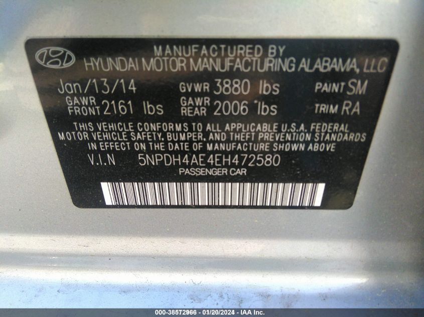 2014 Hyundai Elantra Se VIN: 5NPDH4AE4EH472580 Lot: 38572966