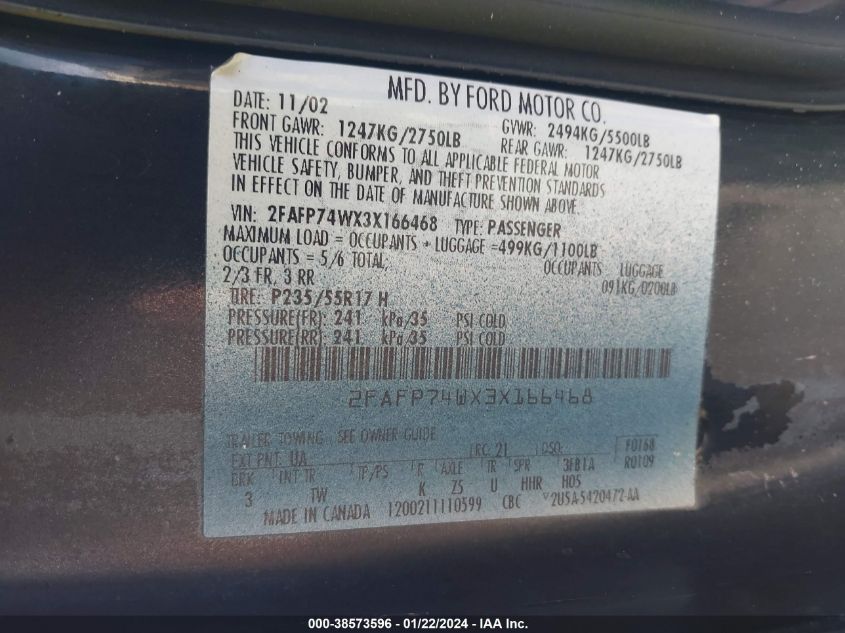 2FAFP74WX3X166468 2003 Ford Crown Victoria Lx