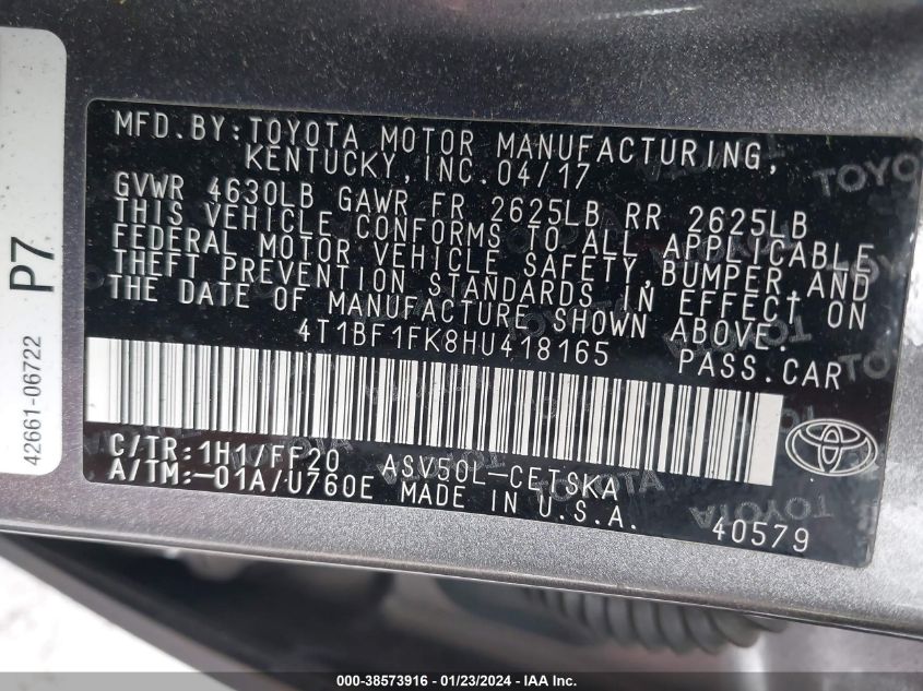 2017 Toyota Camry Se VIN: 4T1BF1FK8HU418165 Lot: 38573916