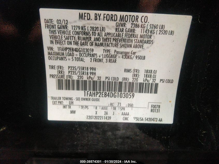 1FAHP2E84DG103059 2013 Ford Taurus Sel