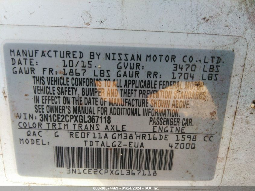 3N1CE2CPXGL367118 2016 Nissan Versa Note Sr