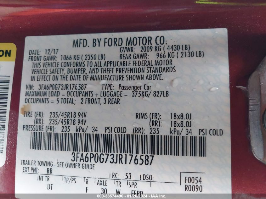 3FA6P0G73JR176587 2018 Ford Fusion S