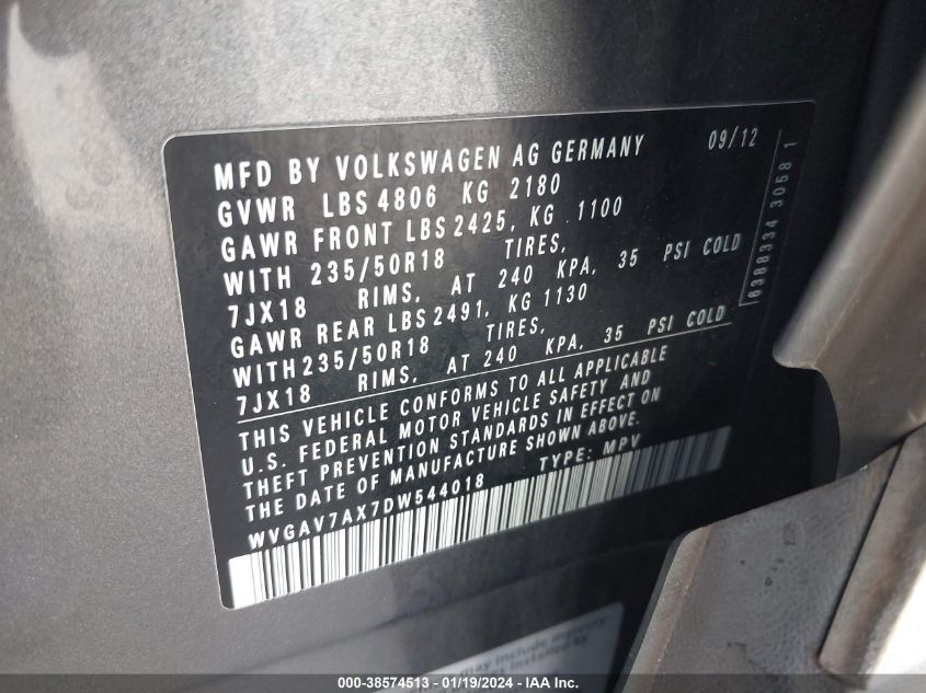 WVGAV7AX7DW544018 2013 Volkswagen Tiguan Se