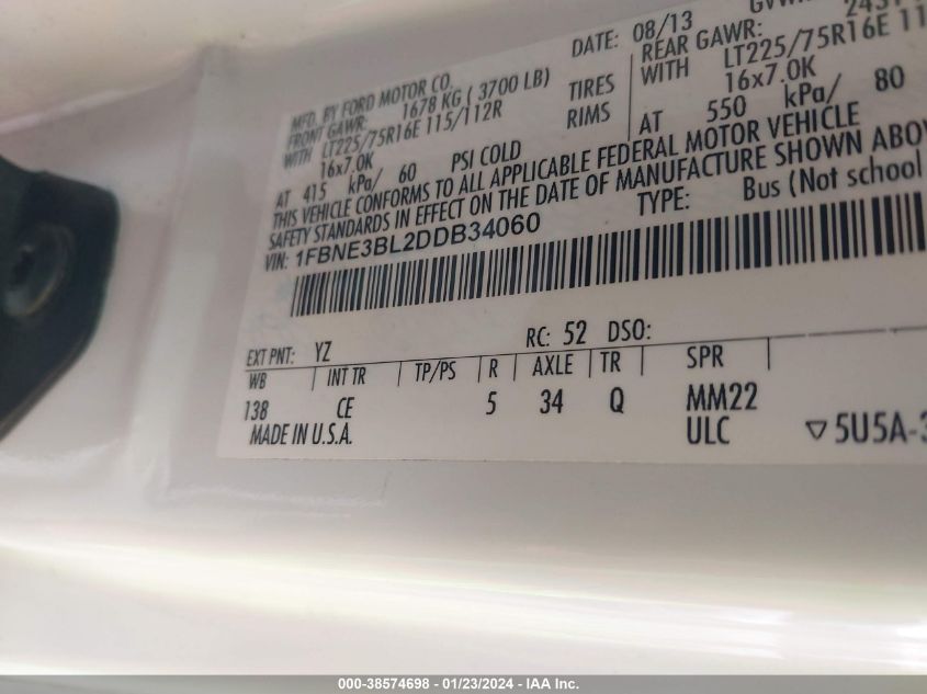 2013 Ford E-350 Super Duty Xl VIN: 1FBNE3BL2DDB34060 Lot: 38574698