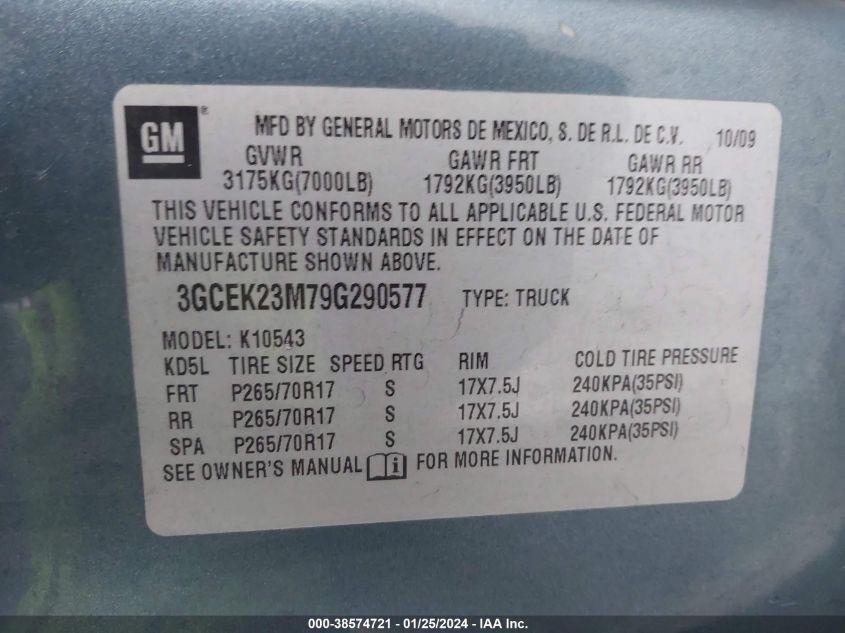 3GCEK23M79G290577 2009 Chevrolet Silverado 1500 Lt