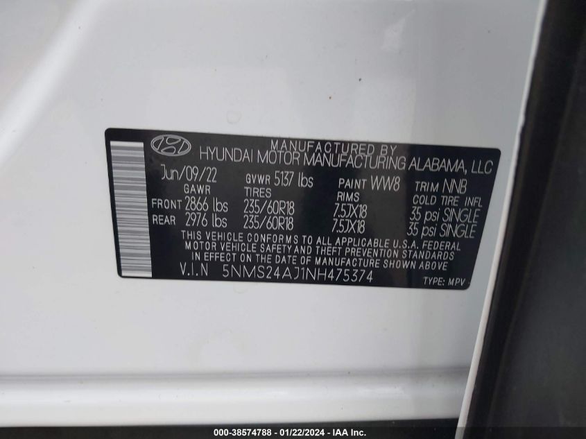 2022 Hyundai Santa Fe Sel VIN: 5NMS24AJ1NH475374 Lot: 38574788