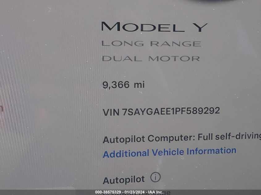 2023 Tesla Model Y Awd/Long Range Dual Motor All-Wheel Drive VIN: 7SAYGAEE1PF589292 Lot: 38575329