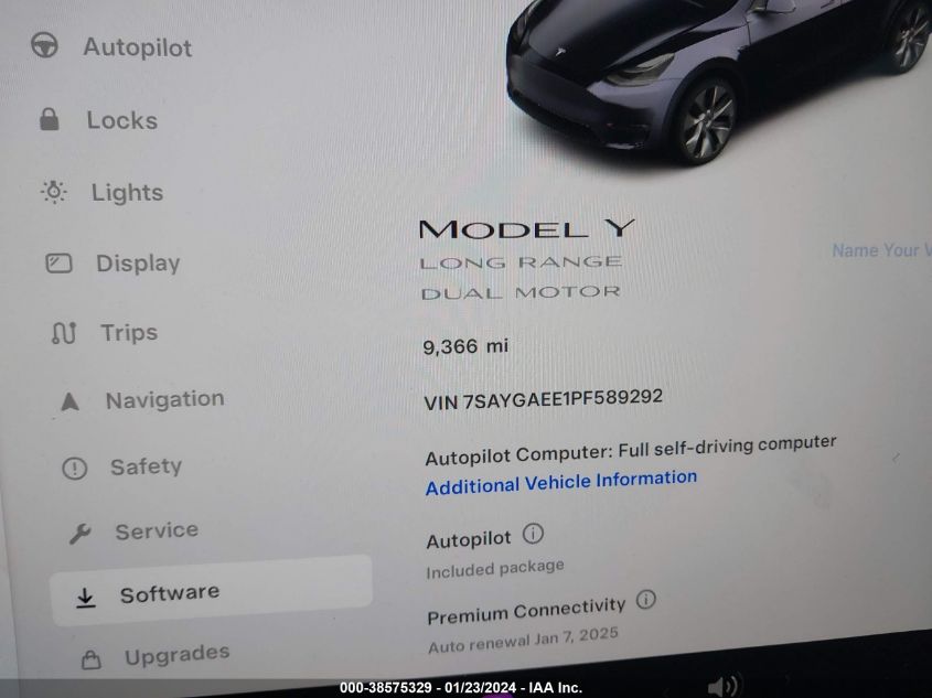 2023 Tesla Model Y Awd/Long Range Dual Motor All-Wheel Drive VIN: 7SAYGAEE1PF589292 Lot: 38575329